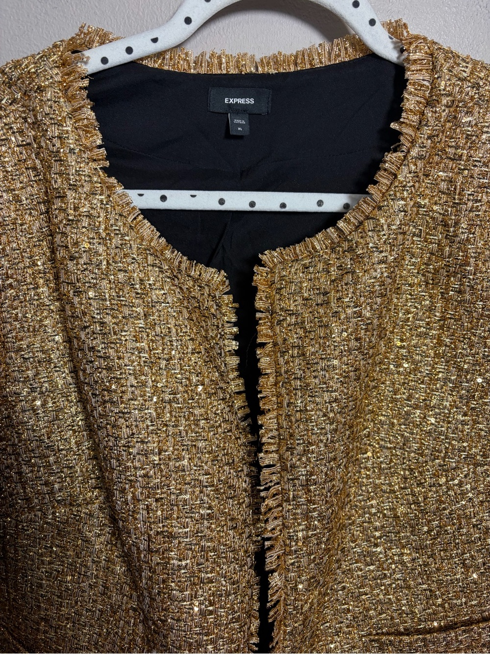 Express Metallic Tweed Fringe Trim Jacket Blazer Gold - Picture 4 of 7